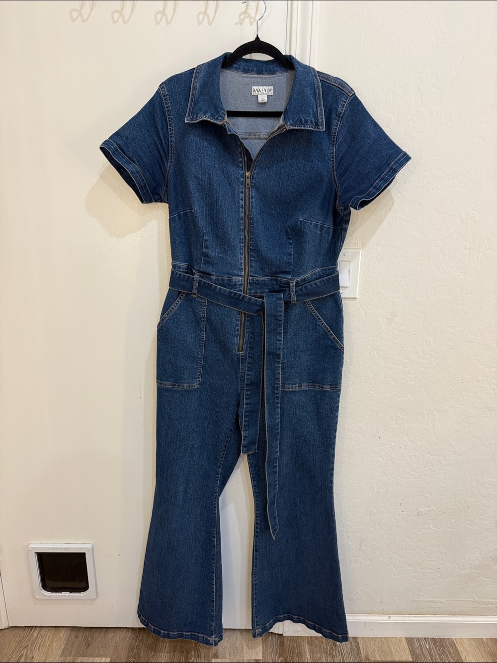 Ava & Viv Indigo Short-Sleeve Denim Jumpsuit with Tie Belt